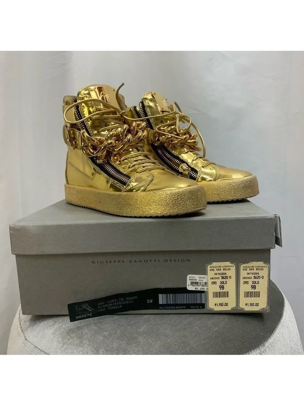 Giuseppe Zanotti London Mirrored Leather Chain High  'Vegas Gold' hi-top sneaker